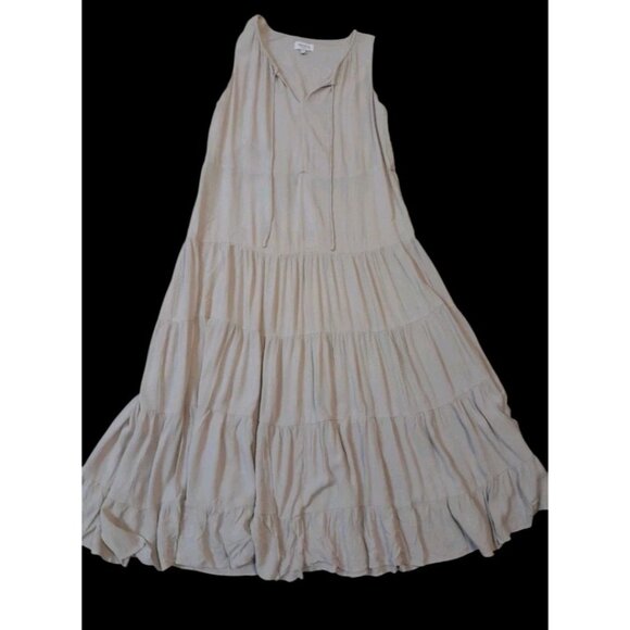 Womens Boho Tiered Cottagecore Prairie Peasant Midi Dress Minimalist Beige Sz 8 - Picture 1 of 8